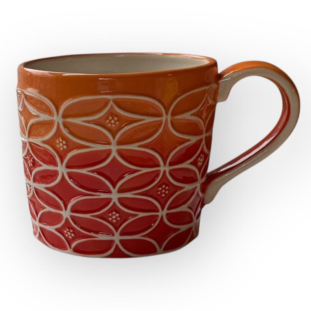 Starbucks 2009 Red Orange Ombré Hand-Painted Embossed Coffee Tea Mug 14 fl oz